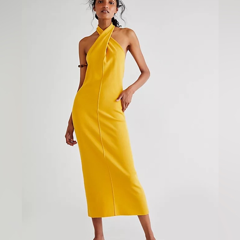 Free People Beach Lisa Sweater Midi Dress Halter Women’s Medium Honey Tea Gold